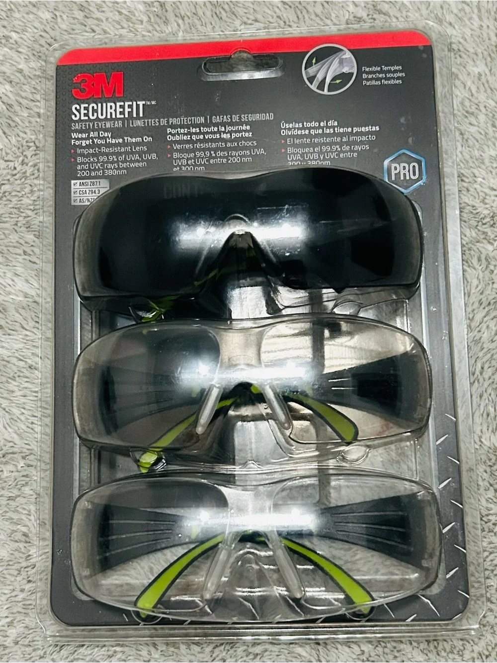 3M SecureFit Pro Safety Glasses 3-Pack Clear & Tinted Protective Eyewear NIP